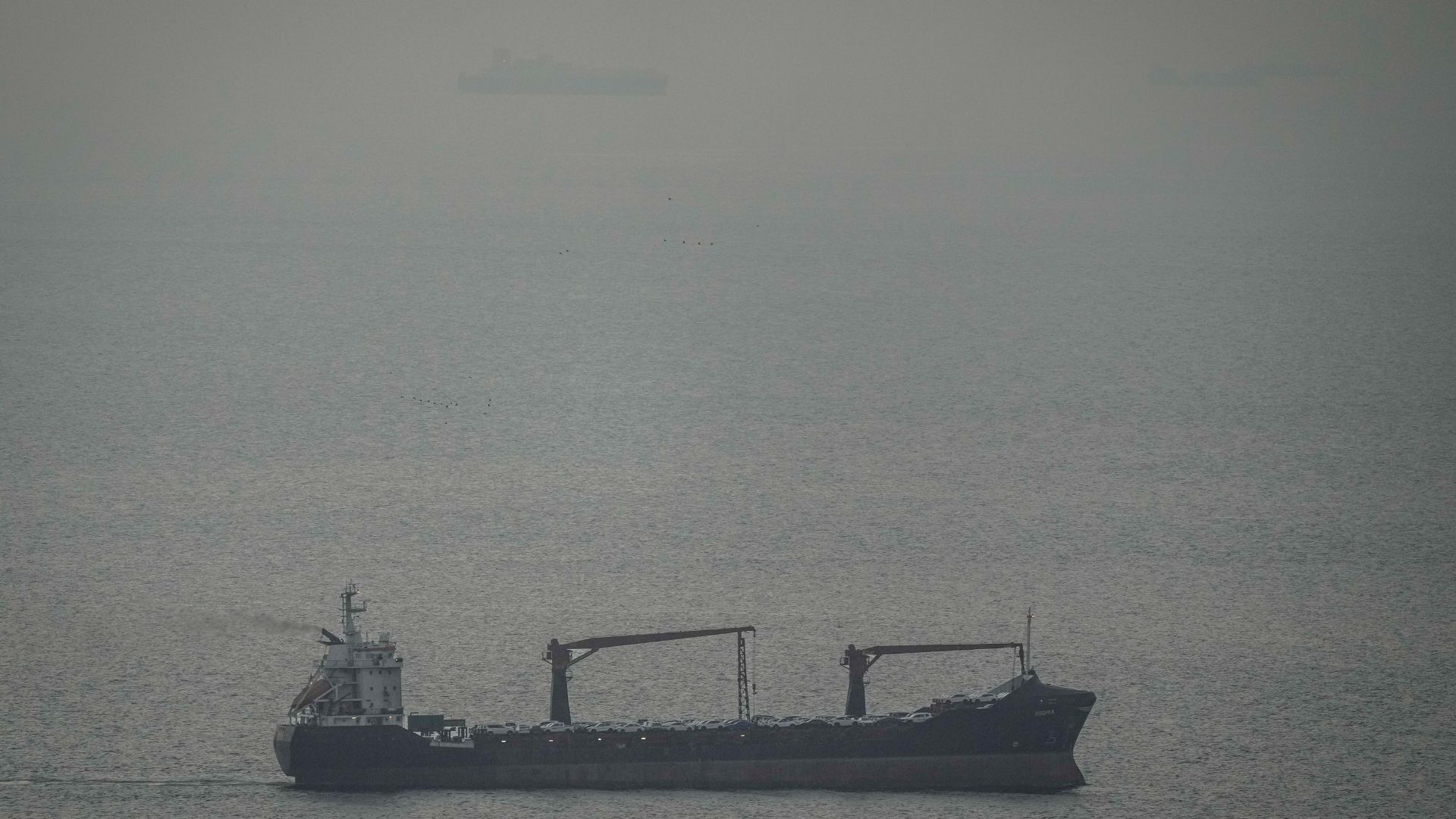 A cargo ship carrying vehicles sails through the Arabian Gulf toward the Strait of Hormuz in the United Arab Emirates, on March 22. /AP

