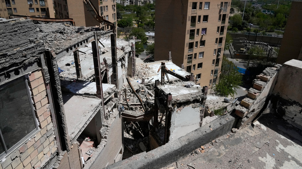Damage is visible on a residential building that, according to Iranian authorities, was hit by a strike on March 4 during the US-Israeli military campaign, in southeastern Tehran, Iran, Tuesday, April 14, 2026. /Vahid Salemi/AP Photo