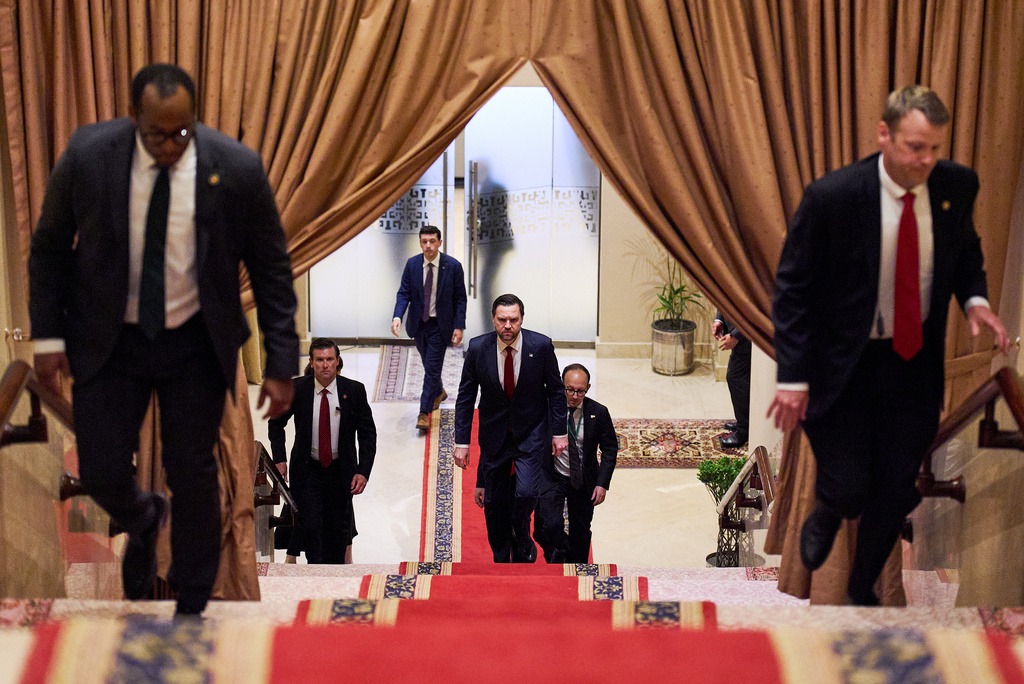 US Vice President JD Vance, center, walks up a flight of stairs to meet with Pakistan's Prime Minister Shehbaz Sharif, on April 11, 2026, in Islamabad, for talks about Iran. /Jacquelyn Martin/AP