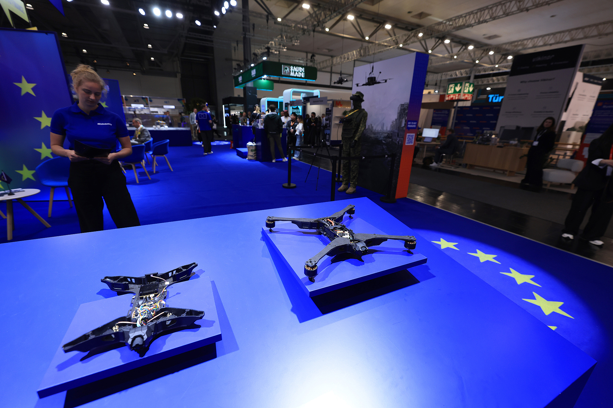 Cutaway models of drones are displayed at the European Commission booth at the Hannover Messe 2026 trade fair. /Krisztian Bocsi/Getty Images via CFP