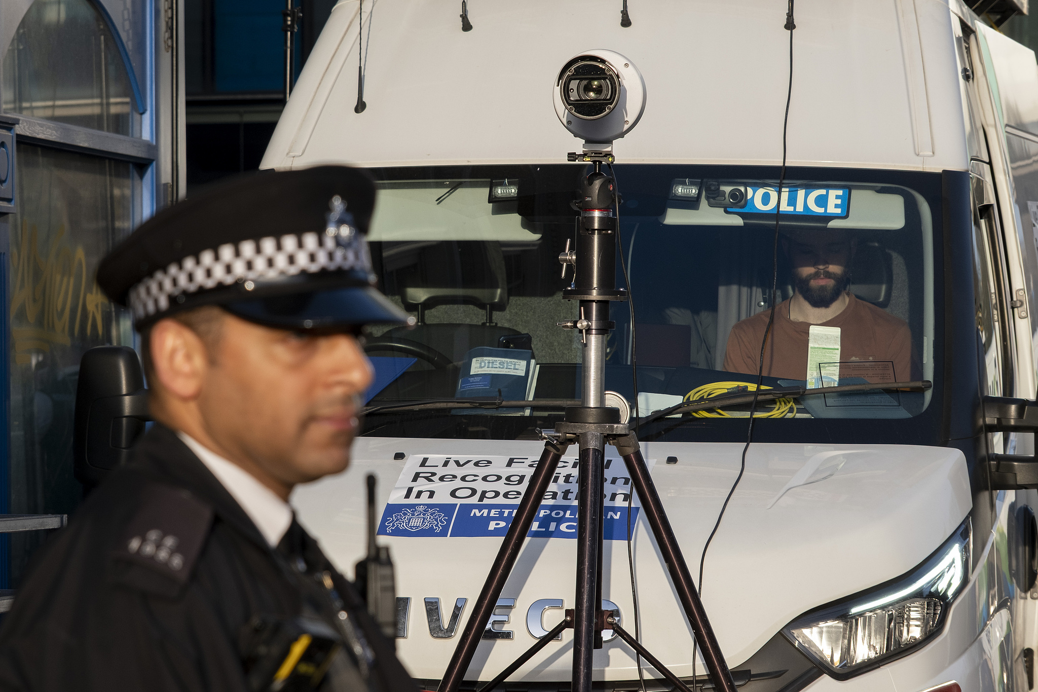 Metropolitan Police deployed live facial recognition cameras at Whitechapel Market on Whitechapel High Street during the Ramadan period. /Mike Kemp/ Getty Images via CFP