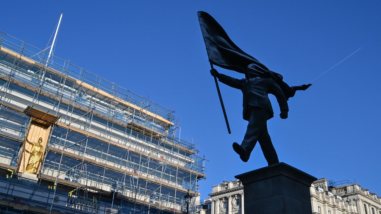 A large statue appeared on a plinth in central London with Banksy's name scrawled on the base, which the British street artist has confirmed is his latest work. /Richard A. Brooks/AFP