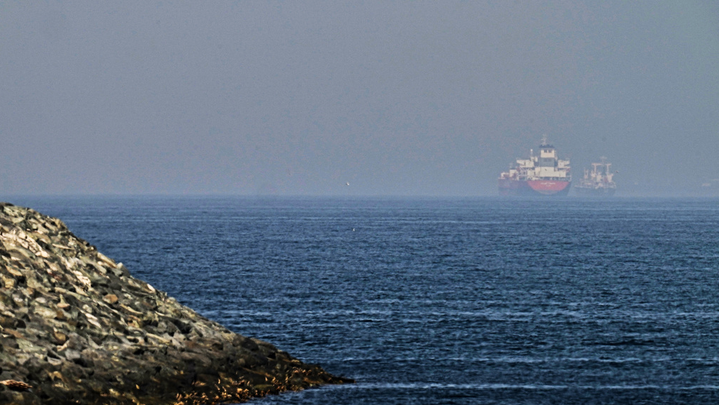 Cargo ships near the Strait of Hormuz, as viewed near Khor Fakkan, United Arab Emirates. /Fatima Shbair/AP