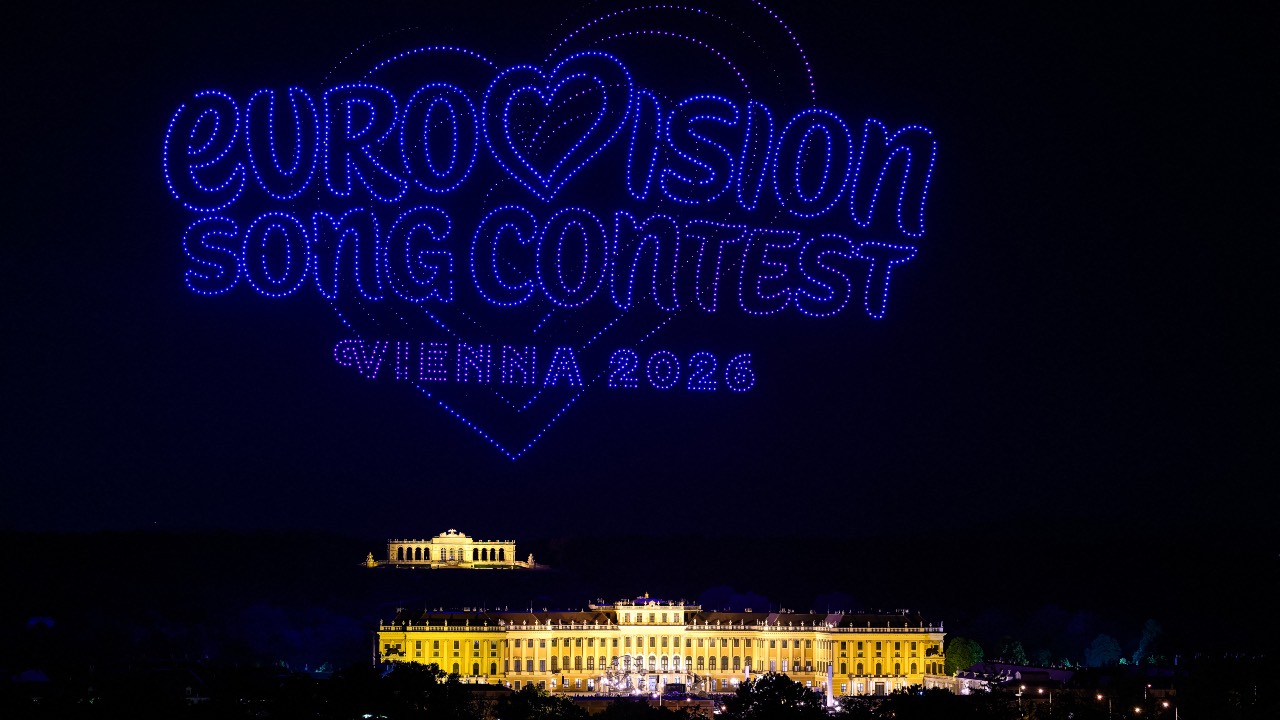 The 'Eurovision Song Contest 2026' logo is formed using 3,000 drones over Schonbrunn Palace to mark the opening of Eurovision 2026 Song Contest in Vienna. /Max Slovencik/APA/AFP