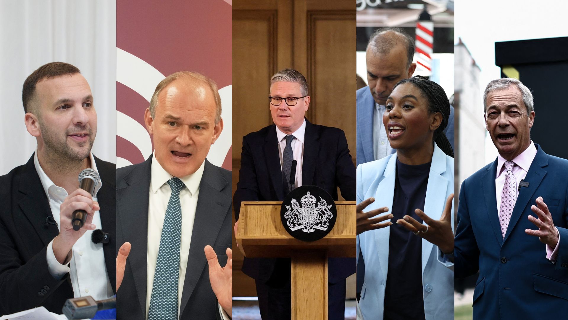Party leaders, from left to right: Zack Polanski (Green), Ed Davey (Liberal Democrats), Keir Starmer (Labour), Kemi Badenoch (Conservative), Nigel Farage (Reform) /AFP/AP