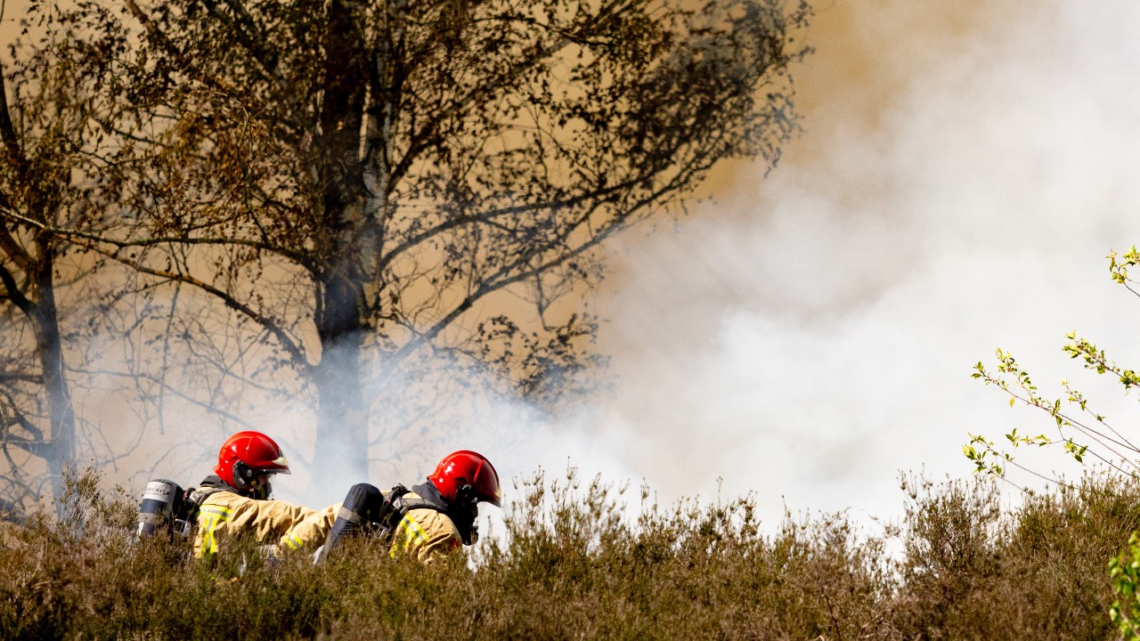 Firefighters operate at the site of a wildfire in Oirschotse Heide, next to military grounds, in Oirschot, in the Dutch province of North Brabant. /Iris van den Broek/ANP/AFP
