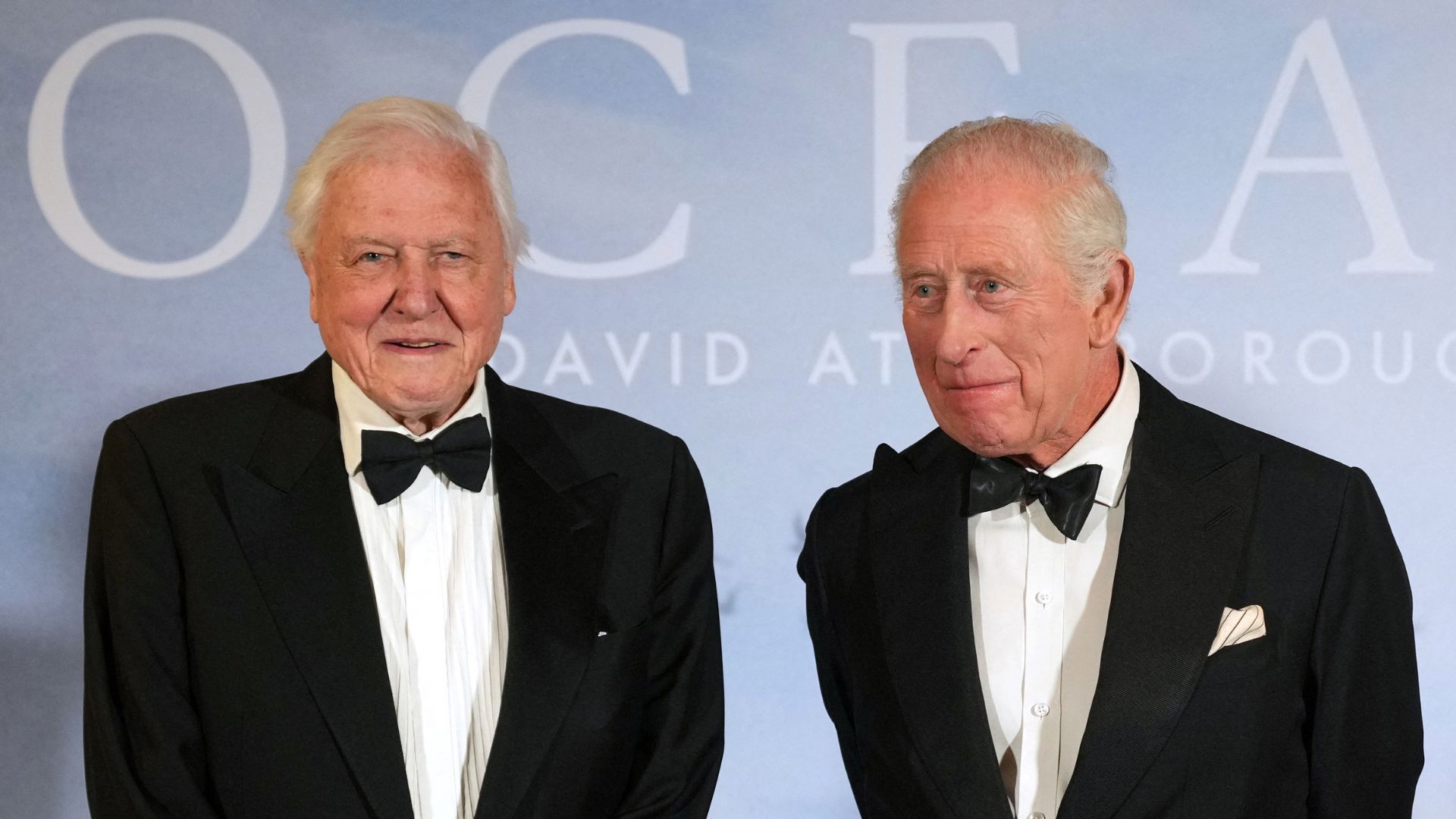 Britain's King Charles III (R) meets Attenborough upon his arrival to attend the World Premier 'Ocean with David Attenborough' at London's Royal Festival Hall in May 2025. /Alastair Grant/Pool