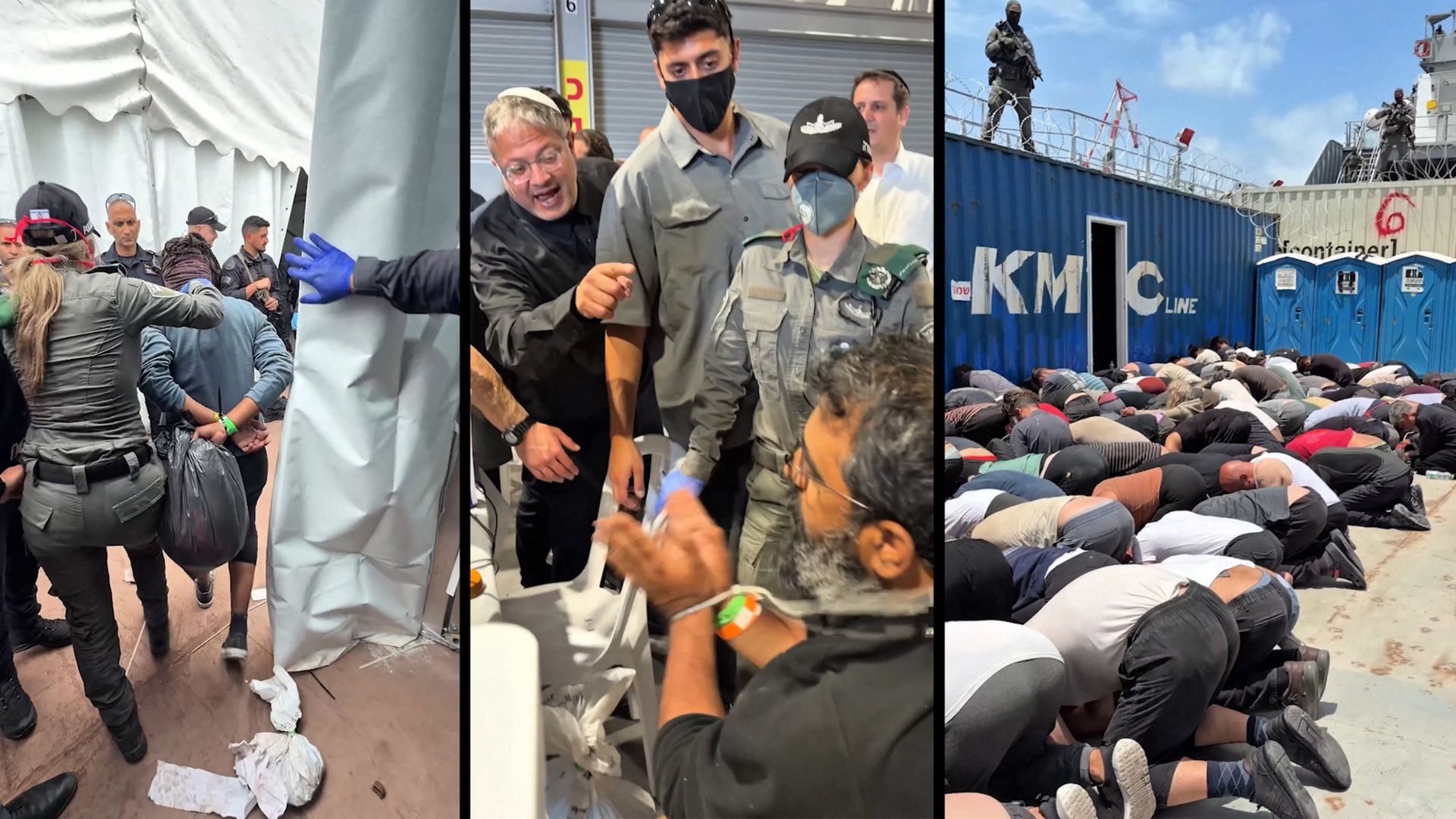 From left to right: A detained flotila activist is brought into a room; Israel's National Security Minister Itamar Ben Gvir taunts activists; Activists forced to bend down on a boat as they brought to shore. /X account of Israel's National Security Minister Itamar Ben Gvir via AFP 