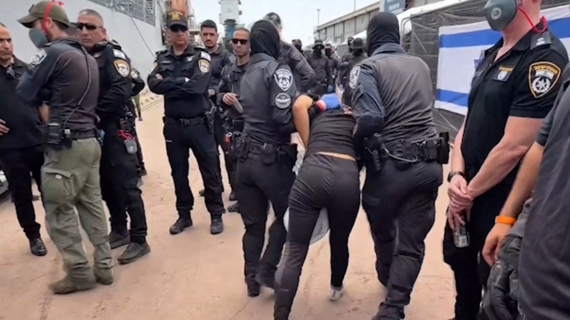 A flotilla activist is detained. /X account of Israel's National Security Minister Itamar Ben Gvir via AFP

