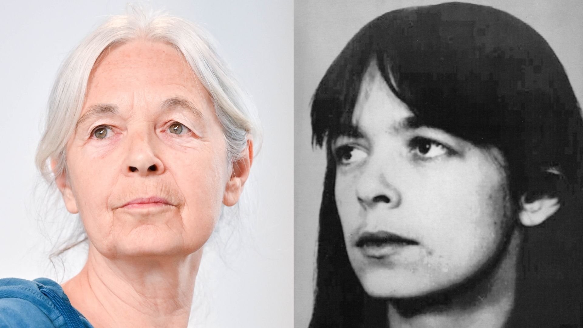 Klette in court at her trial (left, /Sina Schuldt/Pool) and in 1988. (right, /Police Handout via AP)