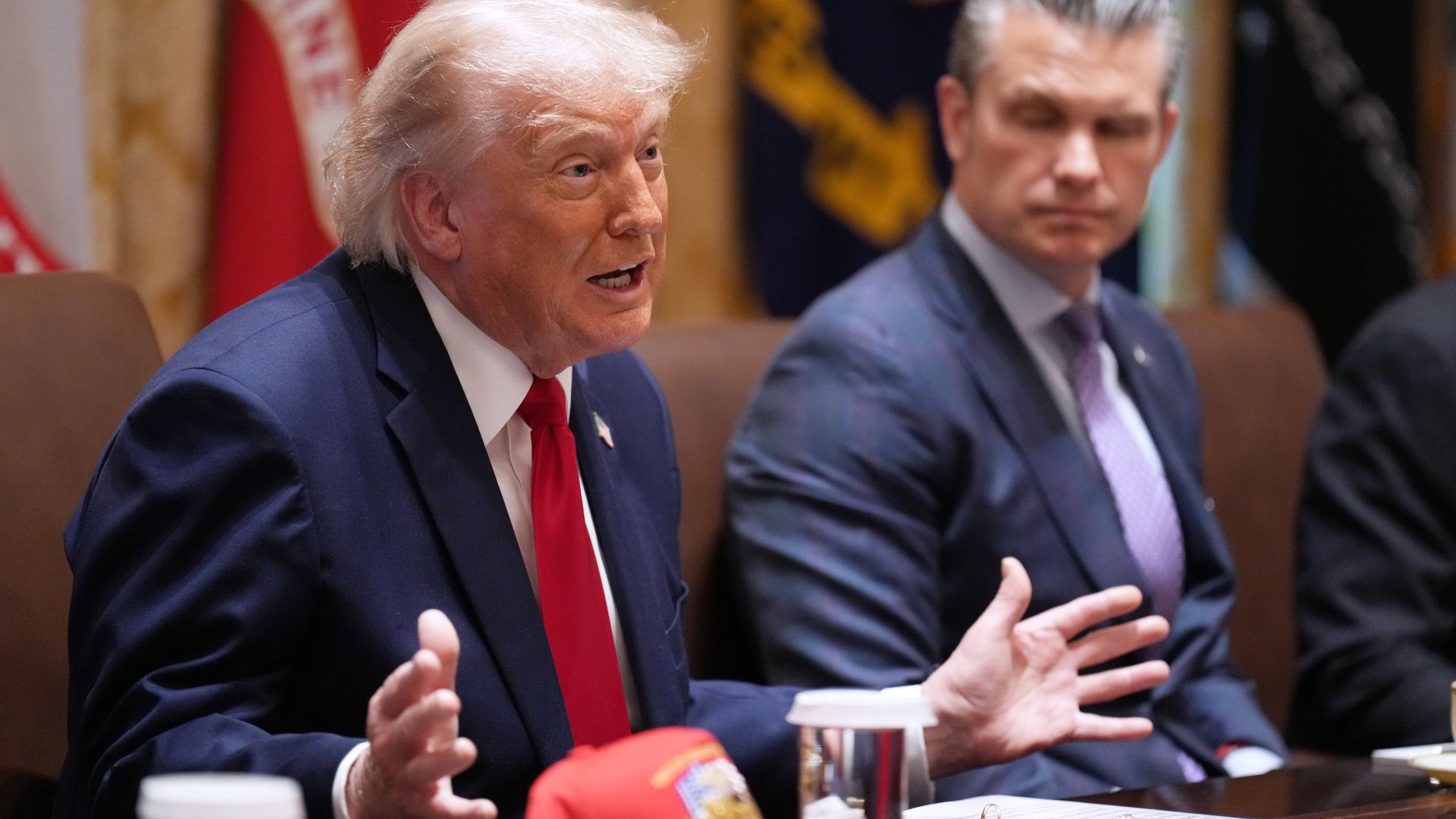 President Donald Trump speaks during a Cabinet meeting at the White House, Wednesday, May 27, 2026, in Washington, as Secretary of Defense Pete Hegseth, looks on. /Jacquelyn Martin/AP
