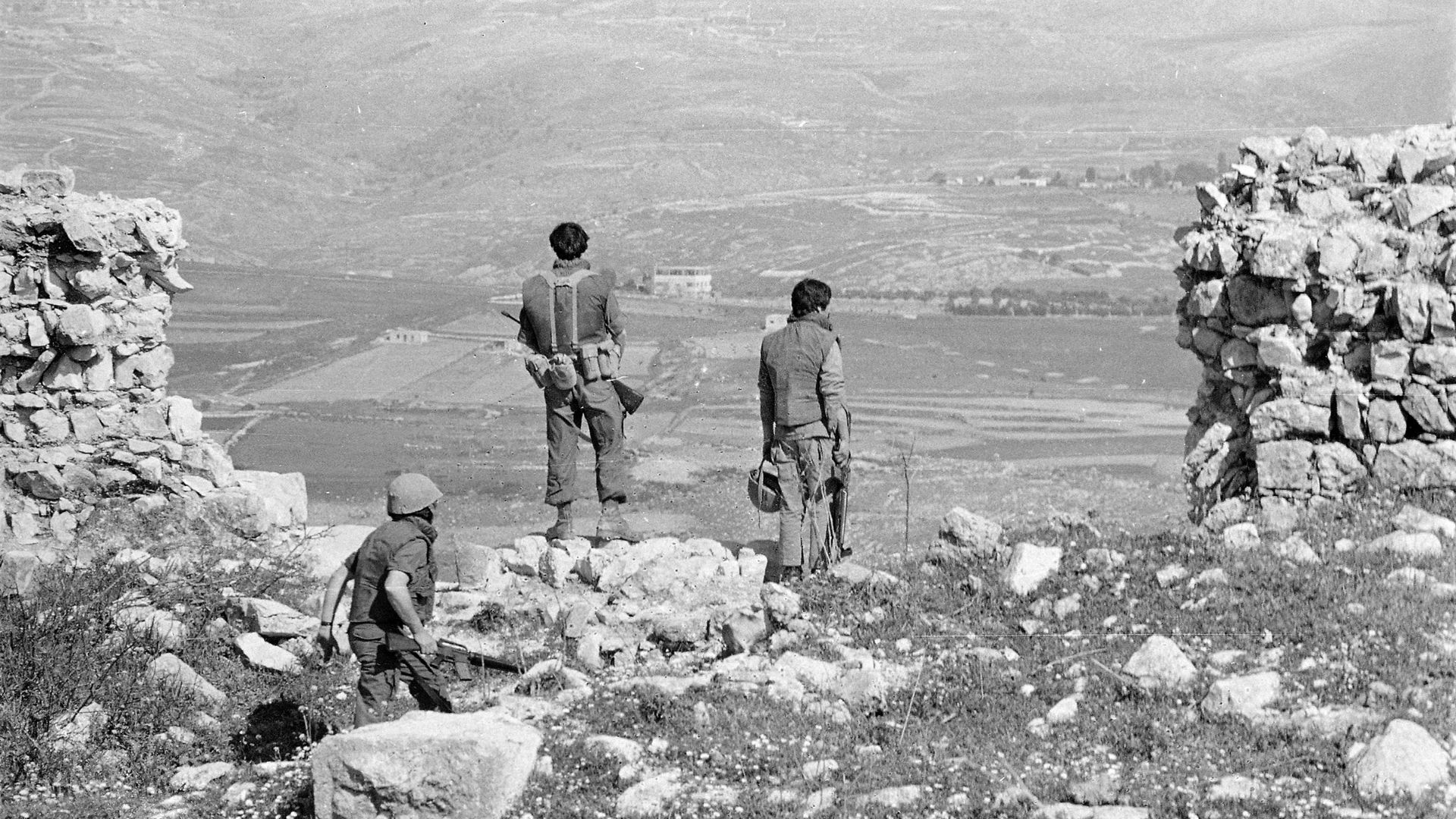 Three Israeli soldiers stand atop the Crusaders' ancient Beaufort Fortress next to the South Lebanese village of Tibnine which is now under the control of Israeli forces, March 19, 1978. /AP/Saris).
