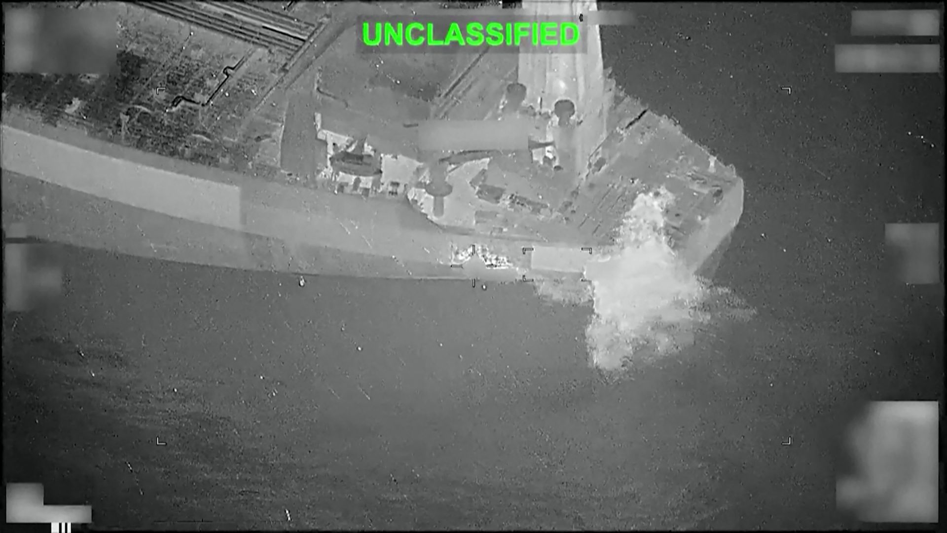 The Botswana-flagged tanker M/T Lexie is targeted by a US Hellfire missle after it failed to respond to repeated warnings, according to the US Central Command (Centcom). /AP/US Central Command