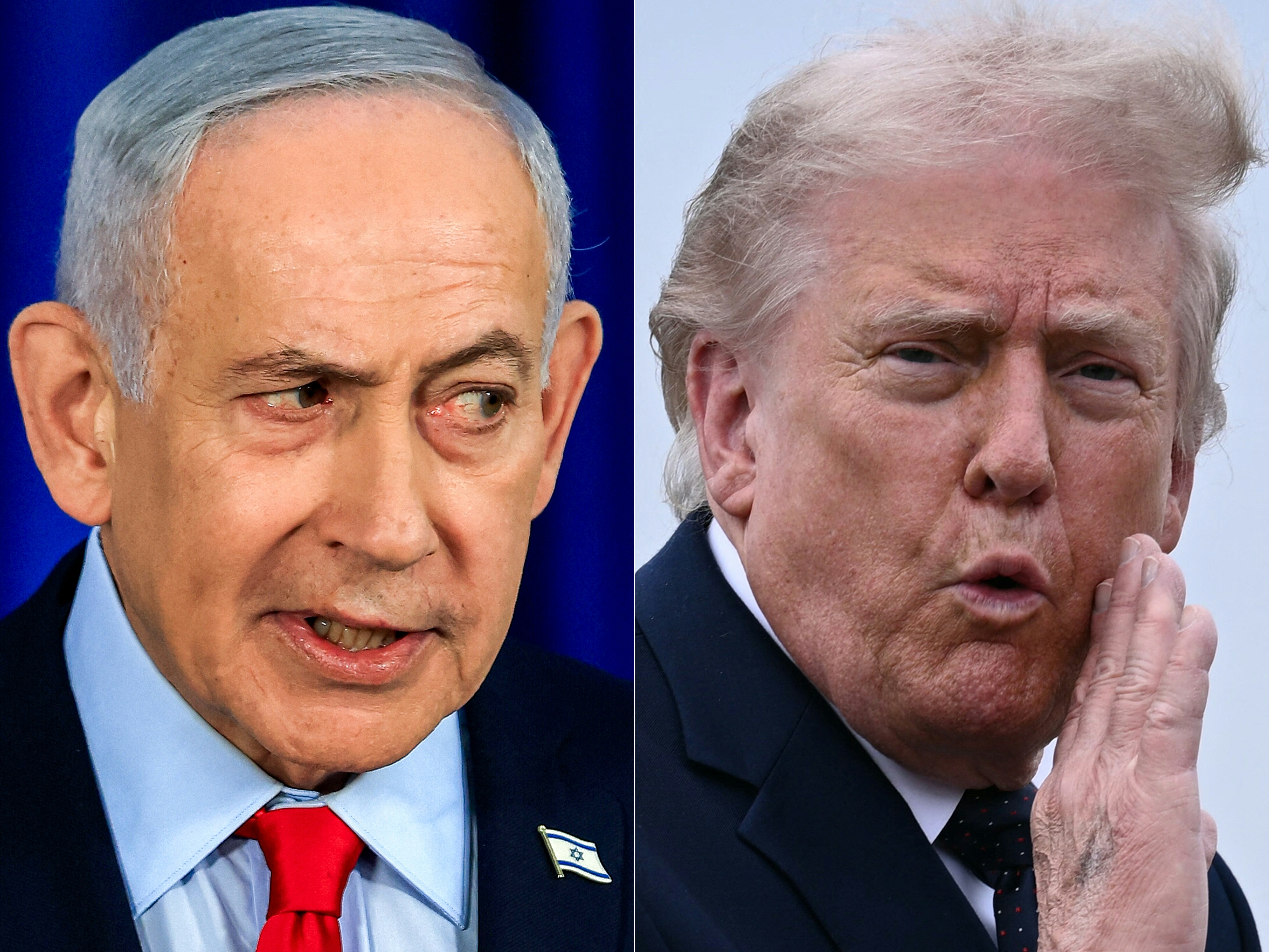 (L/R) Israeli Prime Minister Benjamin Netanyahu and US President Donald Trump held a fractious phone call last week. /Brendan Smialowski/Ronen Zvulun/AFP/Pool
