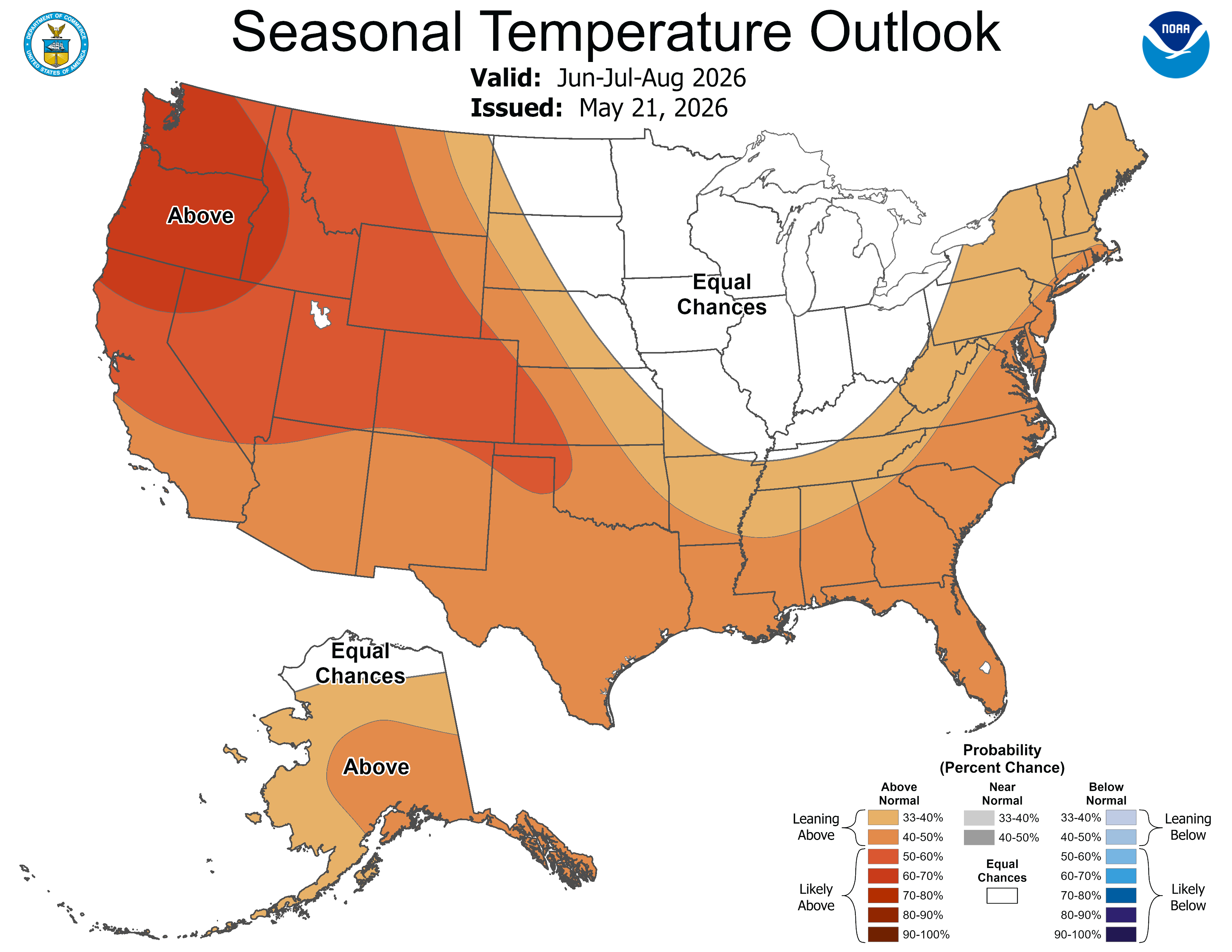 Forecasts point to above-normal temperatures in US cities hosting World Cup games this summer. /National Weather Service/NOAA 
