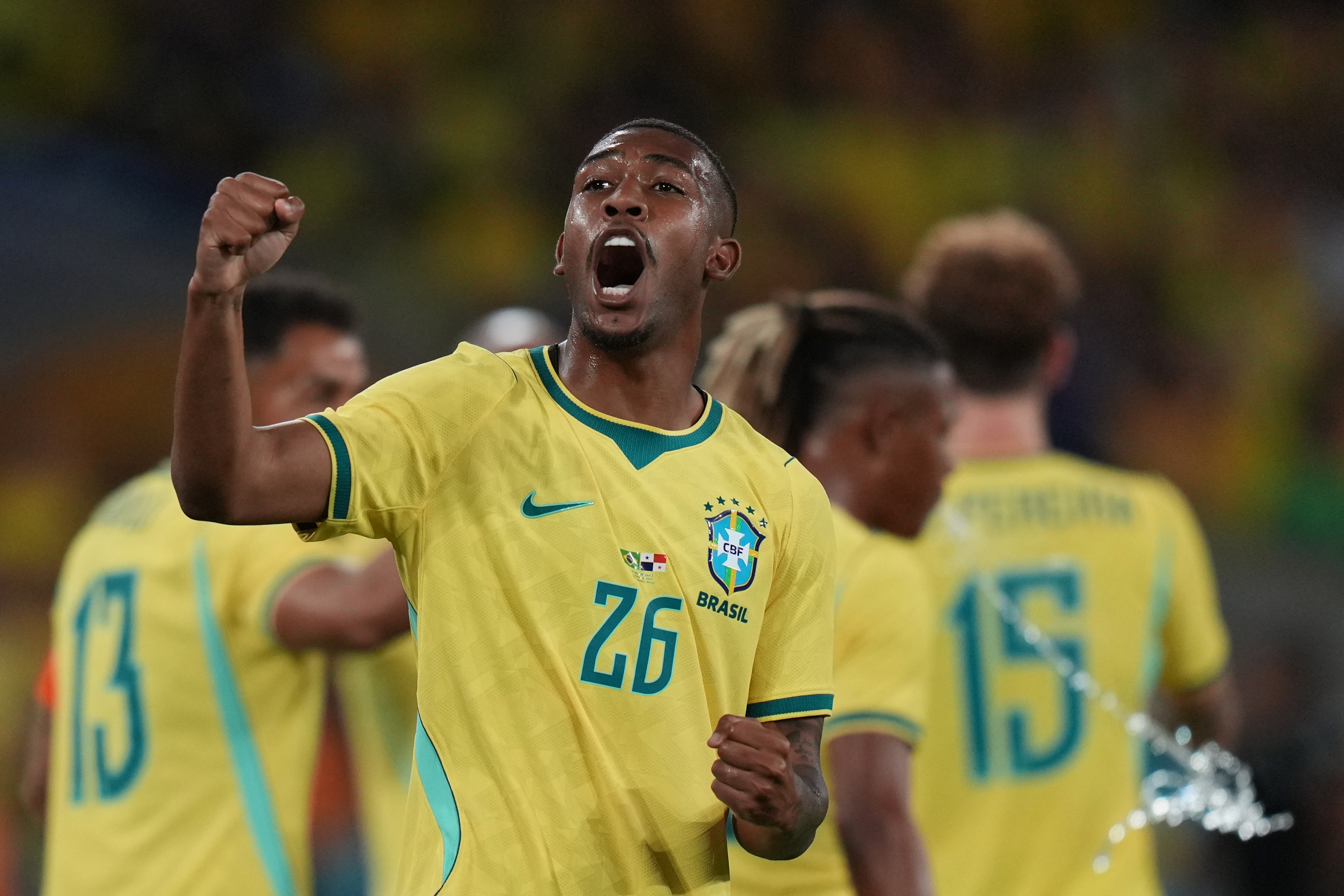 Brazil's Rayan celebrates after scoring his side's third goal against Panama during a recent friendly soccer match in Rio de Janeiro. /Silvia Izquierdo/AP