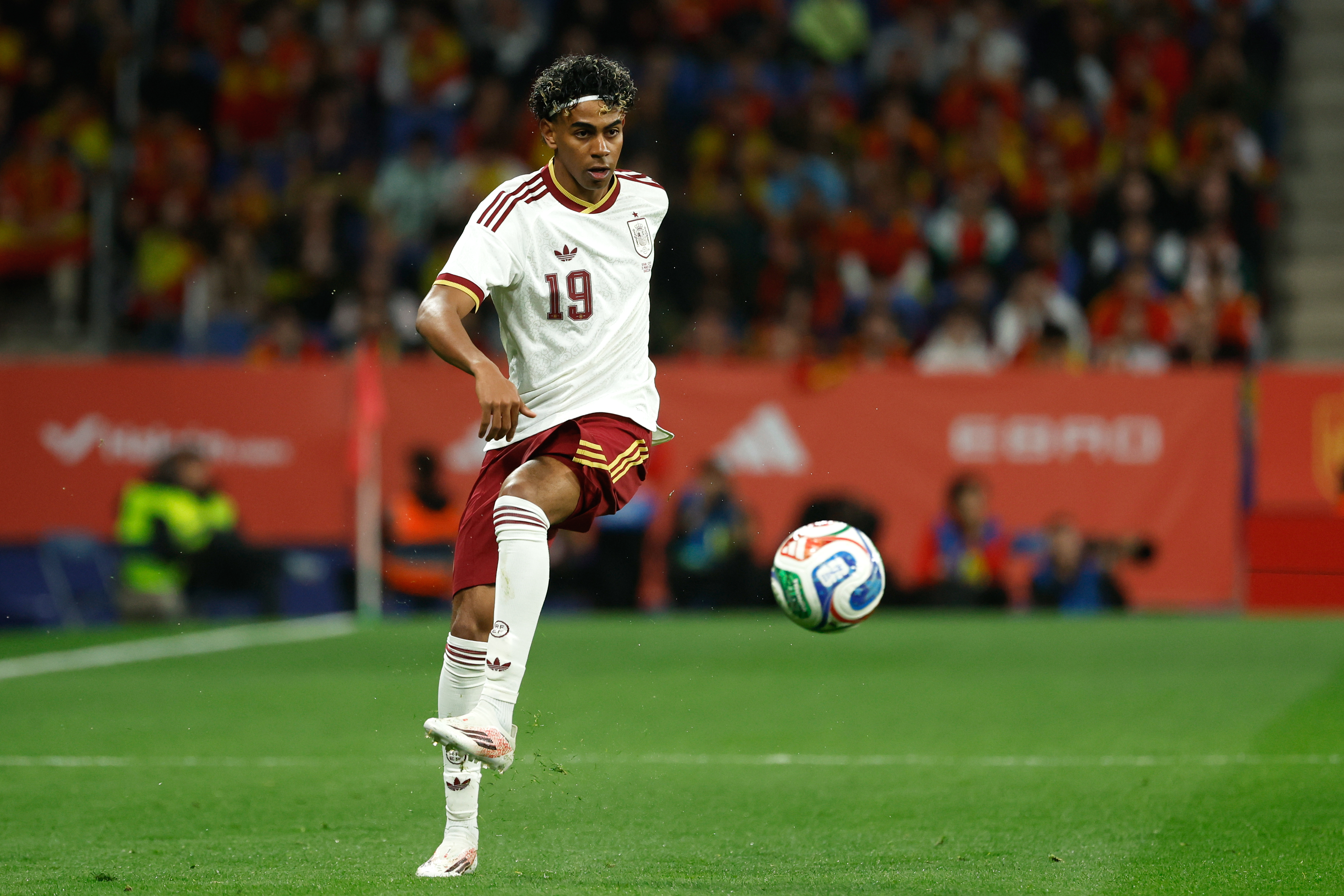 Spain's Lamine Yamal controls the ball during the international friendly soccer match between Spain and Egypt in Barcelona in March. /Joan Monfort/AP