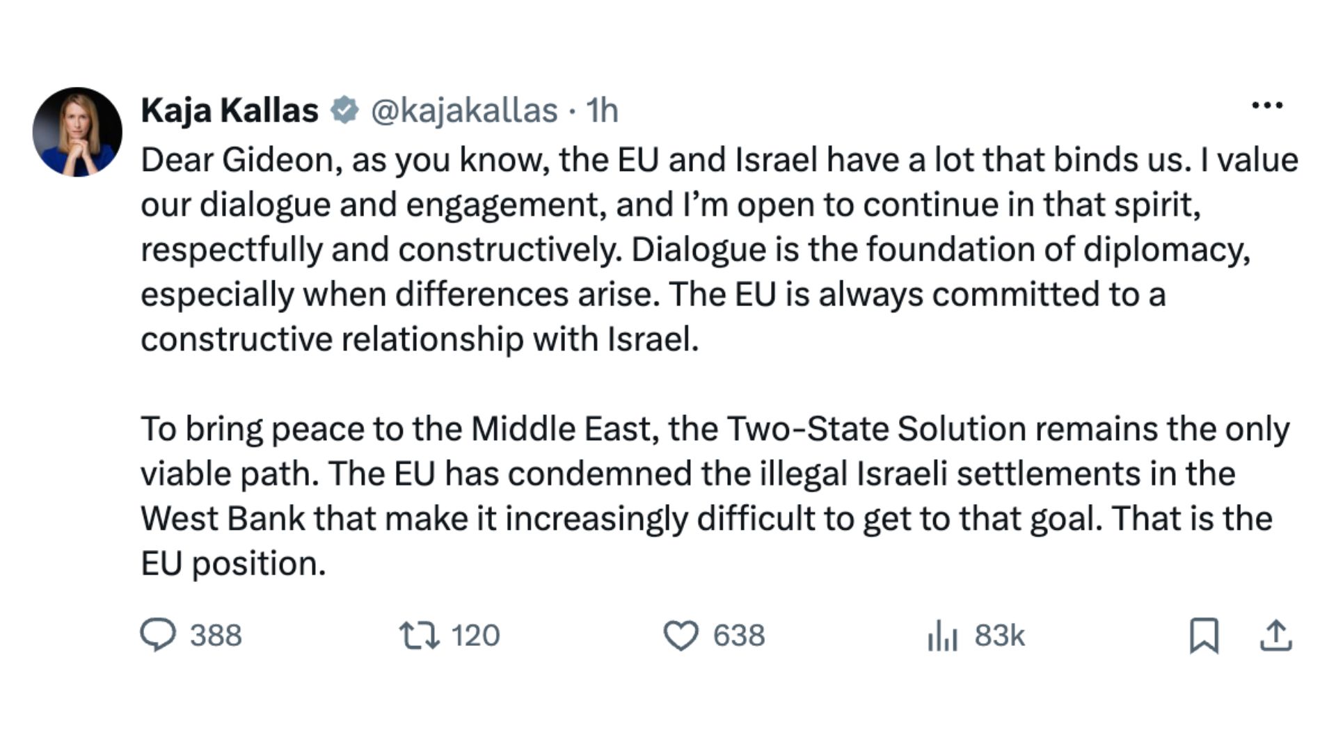 EU diplomat Kaja Kallas repsonds to Israeli foreign minister Gideon Saar's post on X, accusing her of 