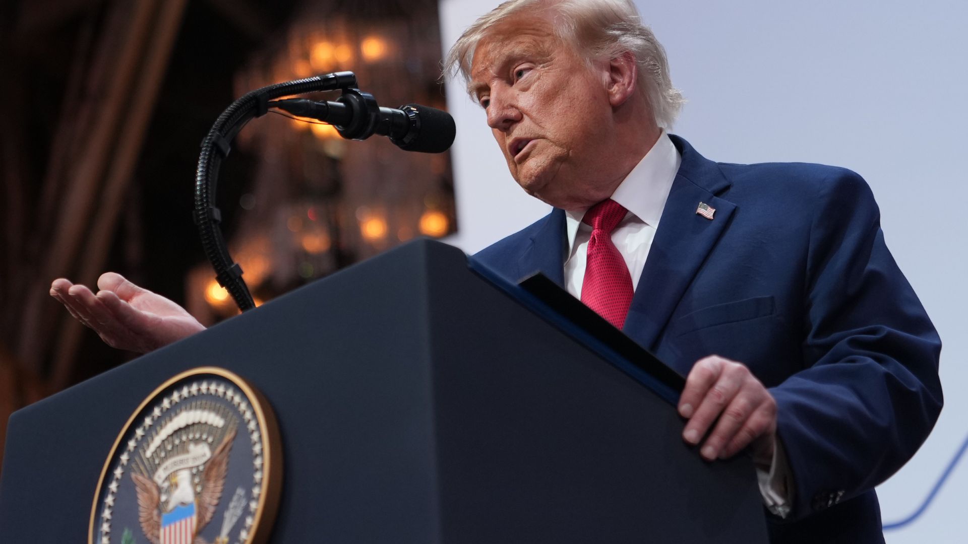 US President Donald Trump speaks at the G7 in Évian-les-Bains, France. He signed the Memorandum of Understanding with Iran on Wednesday whilst still at the summit. / AP. 