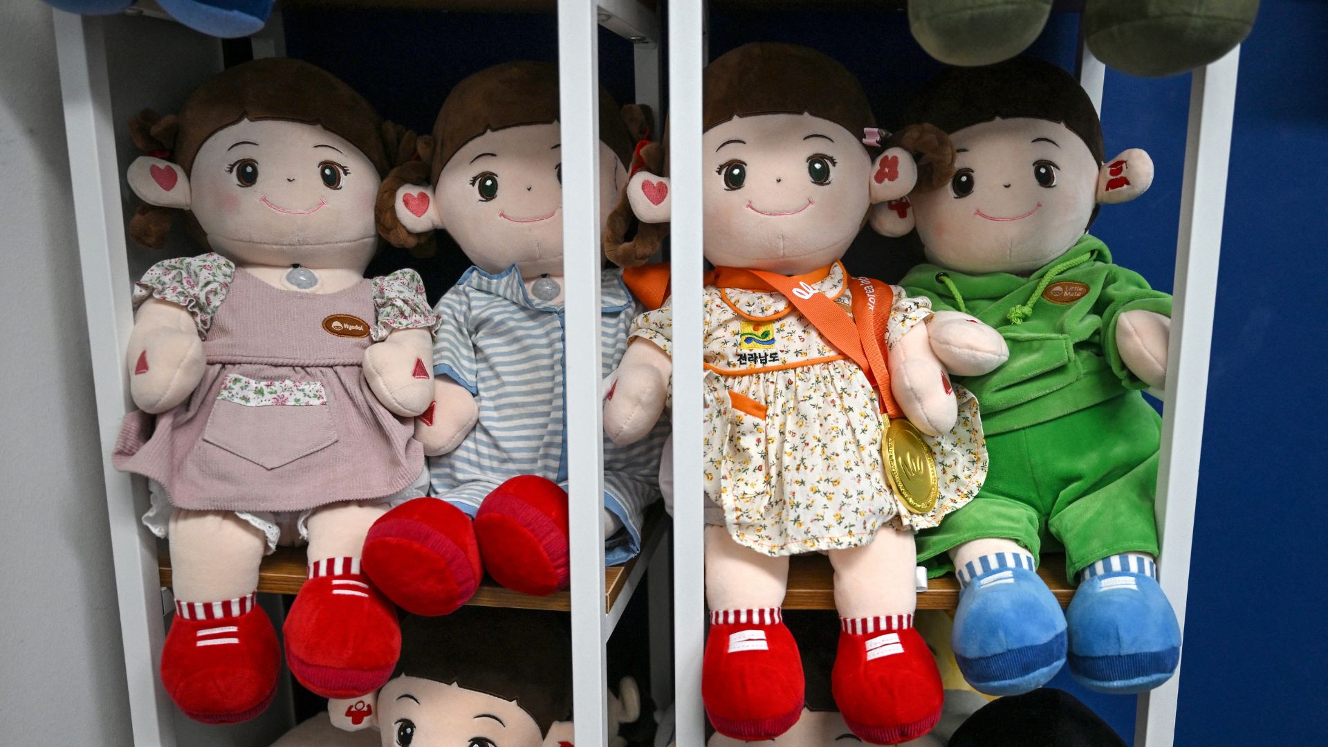 A selection of Hyodol's AI-powered healthcare dolls designed for elderly people displayed at the company's headquarters. Jung Yeon-je / AFP.