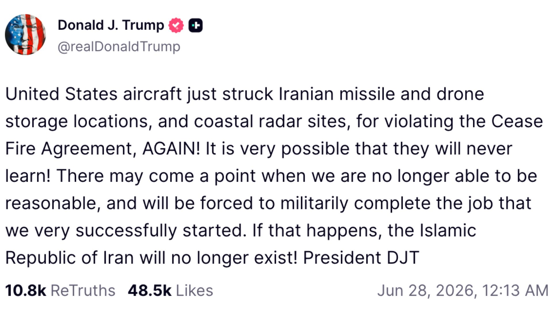 US president Donald Trump posts to his social network site Truth Social in the early hours on Sunday, lashing out against Iran.