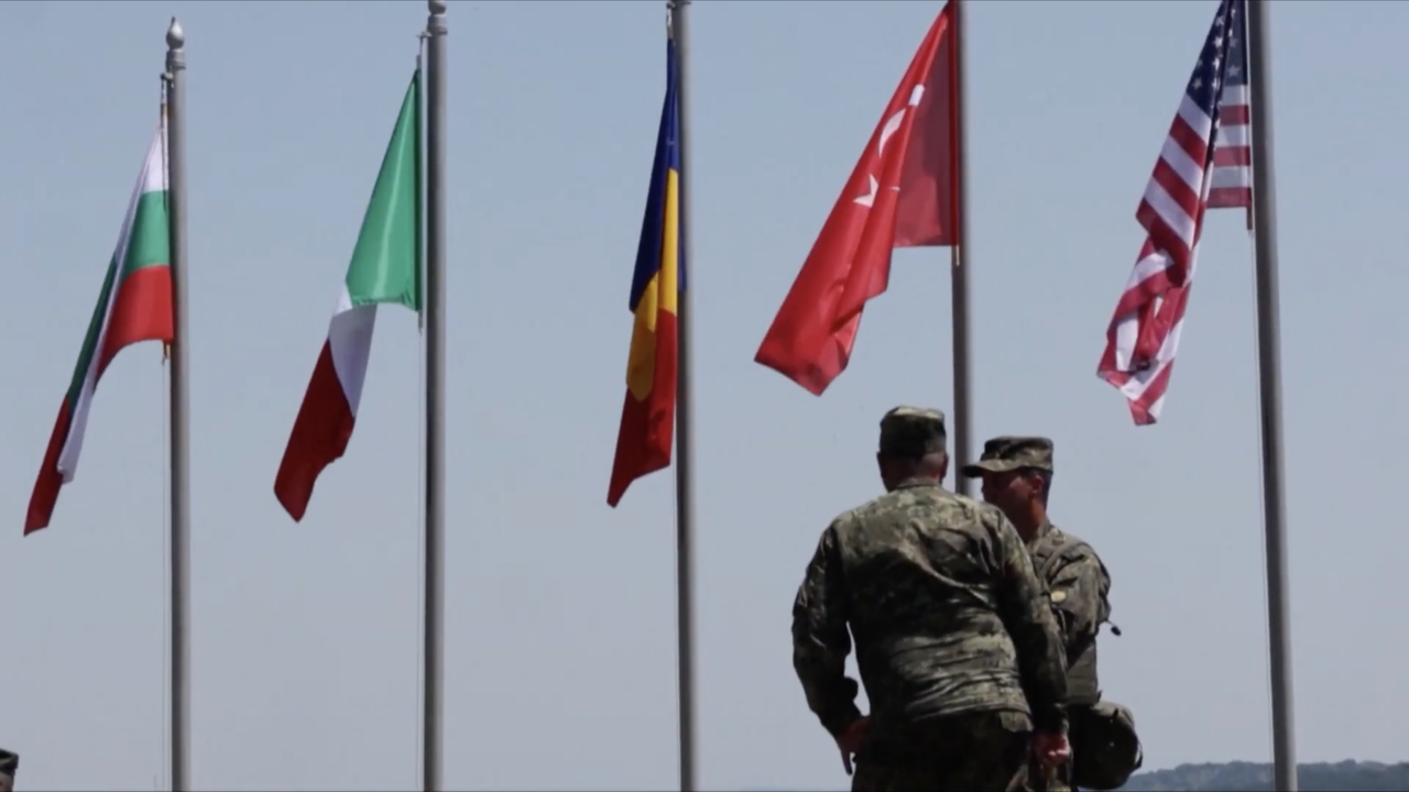 Soldiers stationed outside Bezmer Air Base. /CGTN 