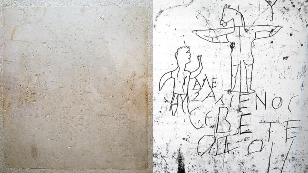 The 1,800-year-old Alexamenos graffito mocks Jesus Christ. /Justin Benttinen; Jason M Kelly.