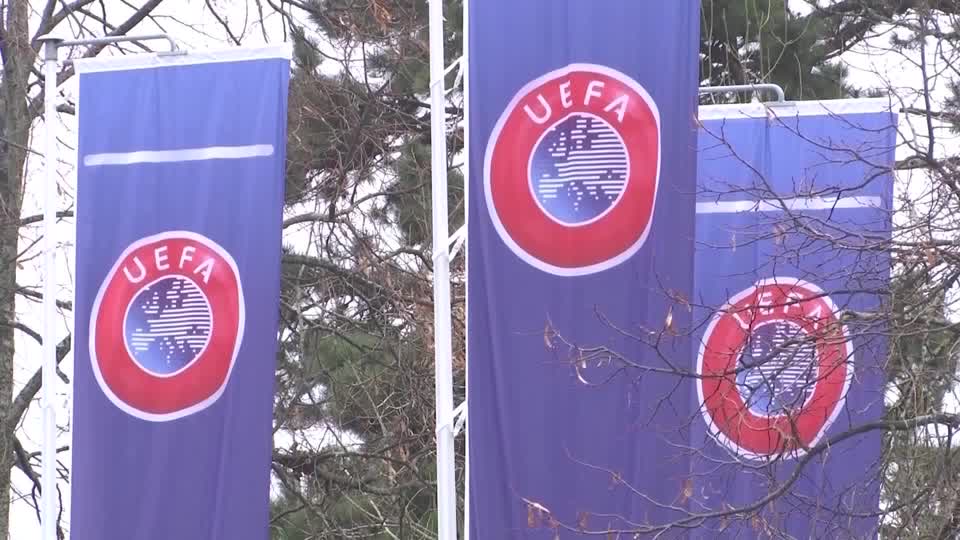 UEFA banners outside the federation HQ in Nyon, Switzerland. /Reuters