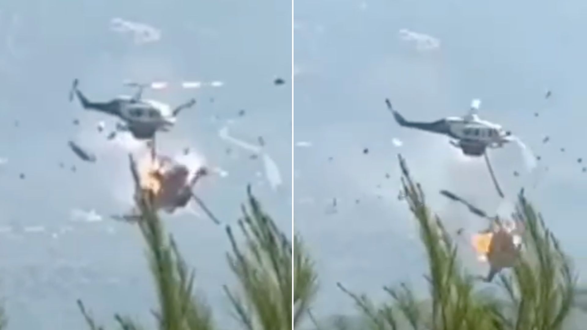 Footage allegedly shows the two helicopters colliding, with one plunging to the ground in a fireball. 