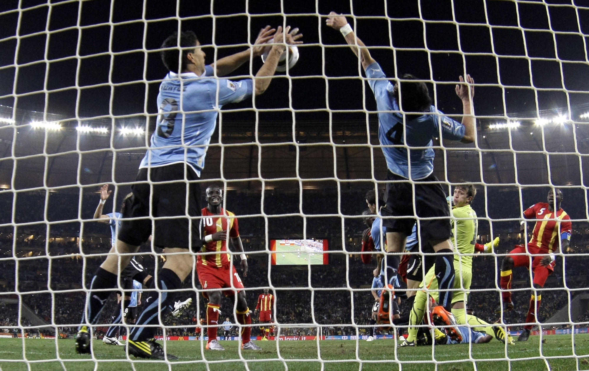 Uruguay's Luis Suarez's last minute handball deprived Ghana of a place in the 2010 World Cup Semi-Final. /Ivan Sekretarev/AP
