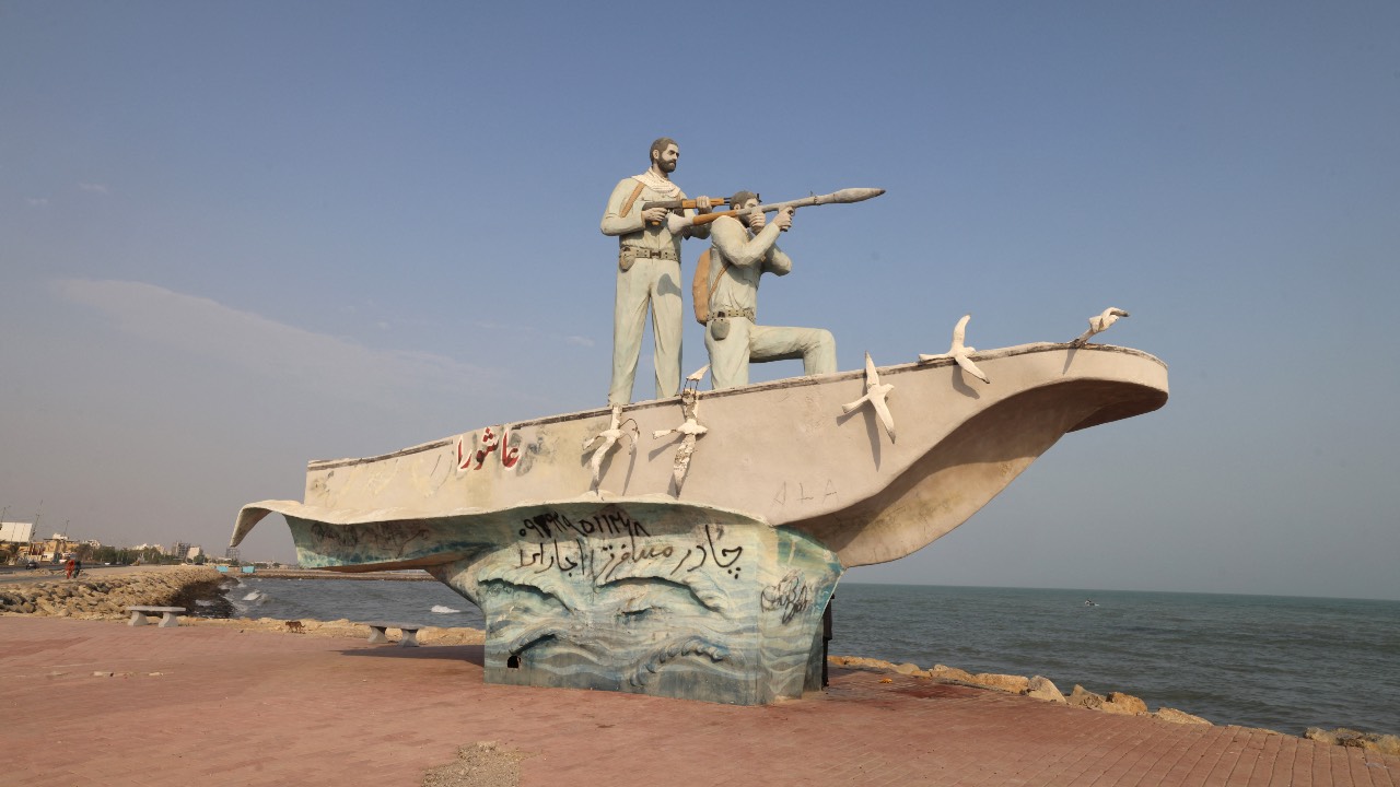 A sculpture overlooking the Strait of Hormuz is seen along the seafront in the port city of Bandar Abbas, in southern Iran. /Atta Kenare/AFP