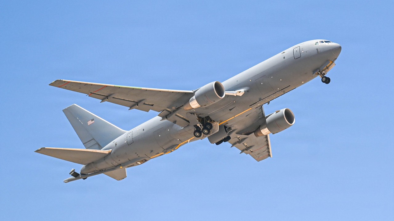 A US Air Force KC-46 Pegasus aircraft taking off from a base in the US Central Command area of responsibility. /US air force/AFP