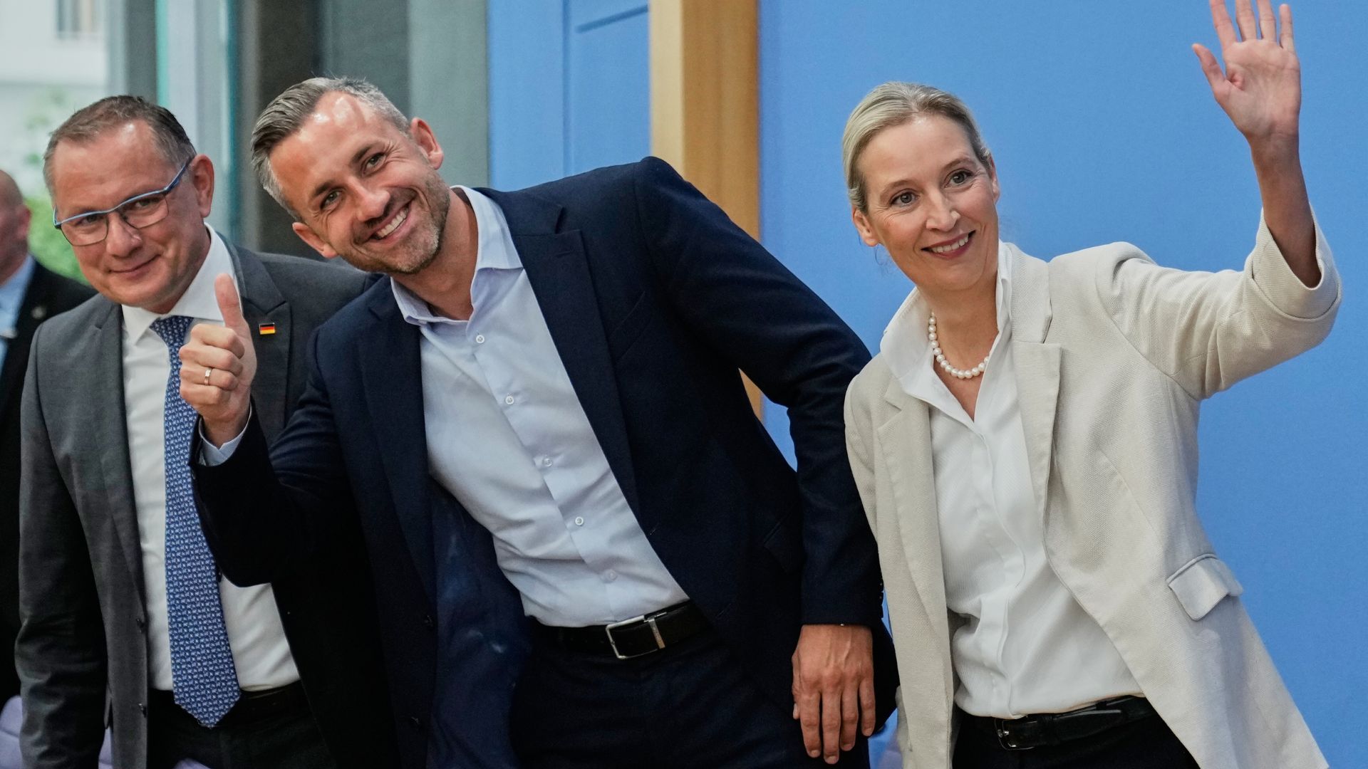 Co-leaders of Alternative for Germany party, or AfD, Alice Weidel, right, and Tino Chrupalla, left, and top candidate for the Saxony-Anhalt state elections Ulrich Siegmund, center, attend a press conference in Berlin. /AP.