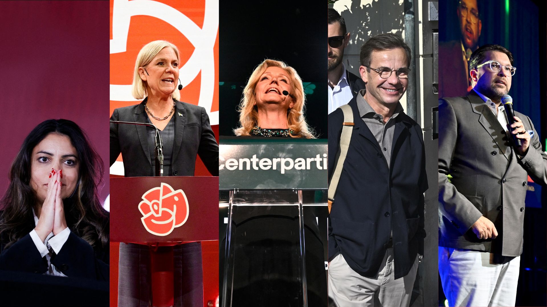 Leaders of (L to R) the Left, Social Democrat, Center, Moderate and Sweden Democrat parties face complicated coalition negotiations. /TT News Agency/AFP