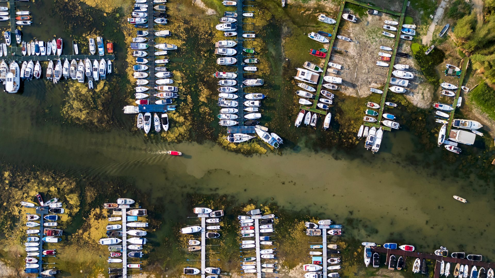 This aerial photo shows boats in a marina left stranded on the river bed by the low water level of the Danube River in Novi Sad, Serbia in August 7. /Andrej Isakovic/AFP
