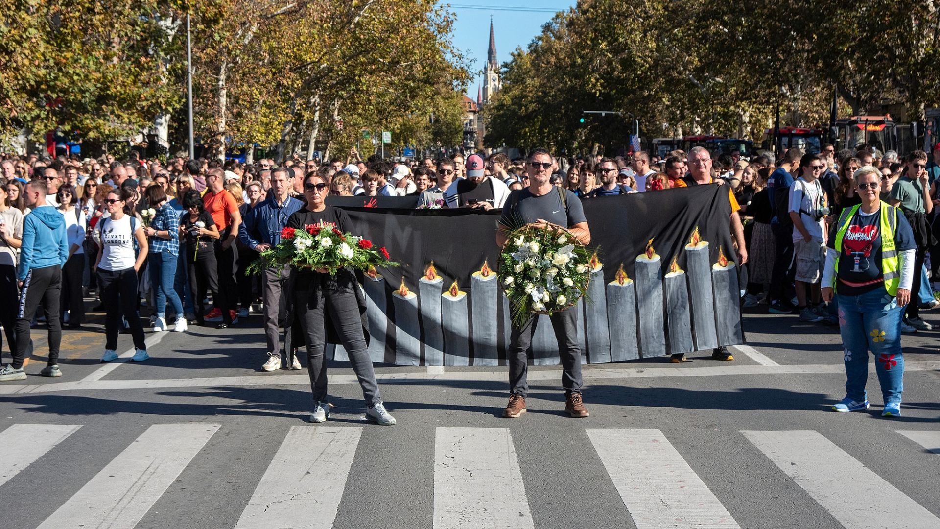 On November 1, 2025, students and supporters carrying wreaths and banners prepared to march to the Novi Sad railway station for a memorial ceremony marking one year since the railway station collapse. /Krisztian Elek/SOPA Images/Sipa USA
