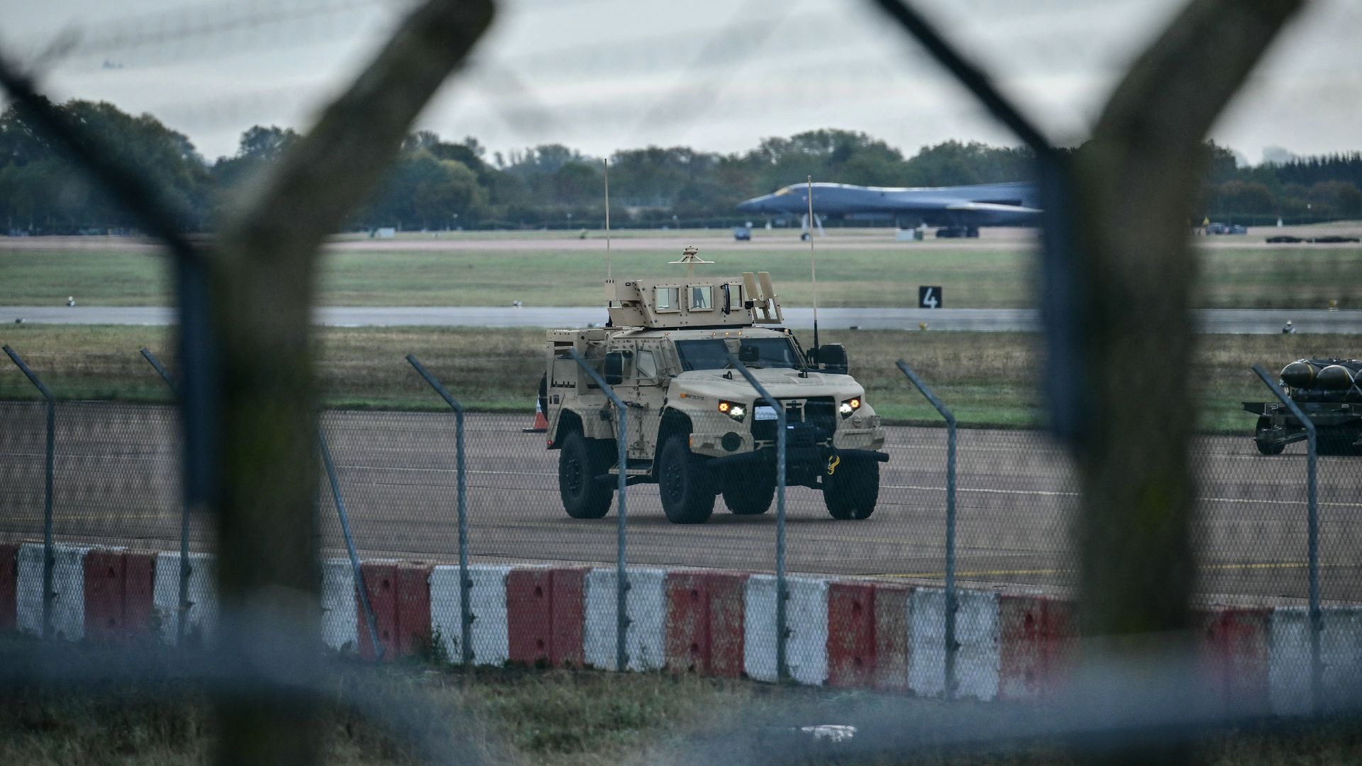 An armoured vehicle patrols the interior at RAF Fairford base on September 28, 2026, a day after British counter-terrorism police began probing the incident. /Ben Stansall/AFP
