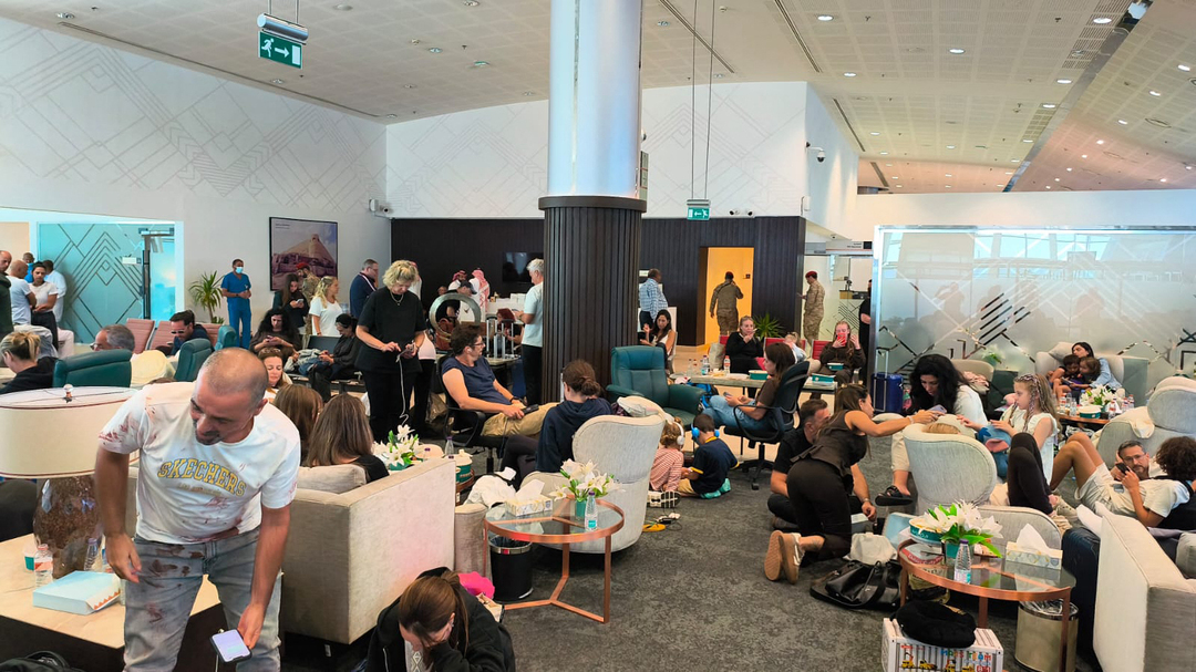 In this handout picture taken and obtained on September 30, 2026, passengers of the flydubai flight FZ1073 from Dubai to Tel Aviv are seen inside the Prince Sultan bin Abdulaziz Airport in Tabuk. /AFP (Courtesy Of An Anonymous Source) 