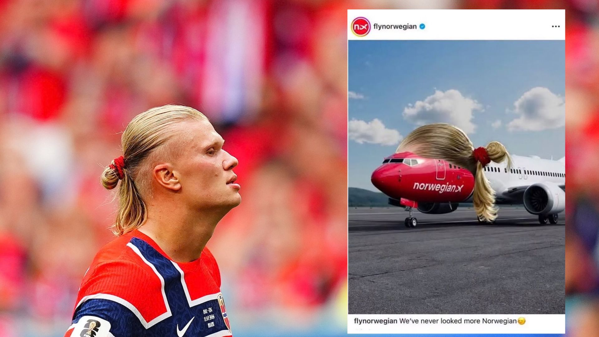 Erling Haaland playing for Norway in the World Cup – and the Norwegian Air advert that has poked his lawyers into action. /Evrim Aydin/Anadolu via Getty Images/VCG