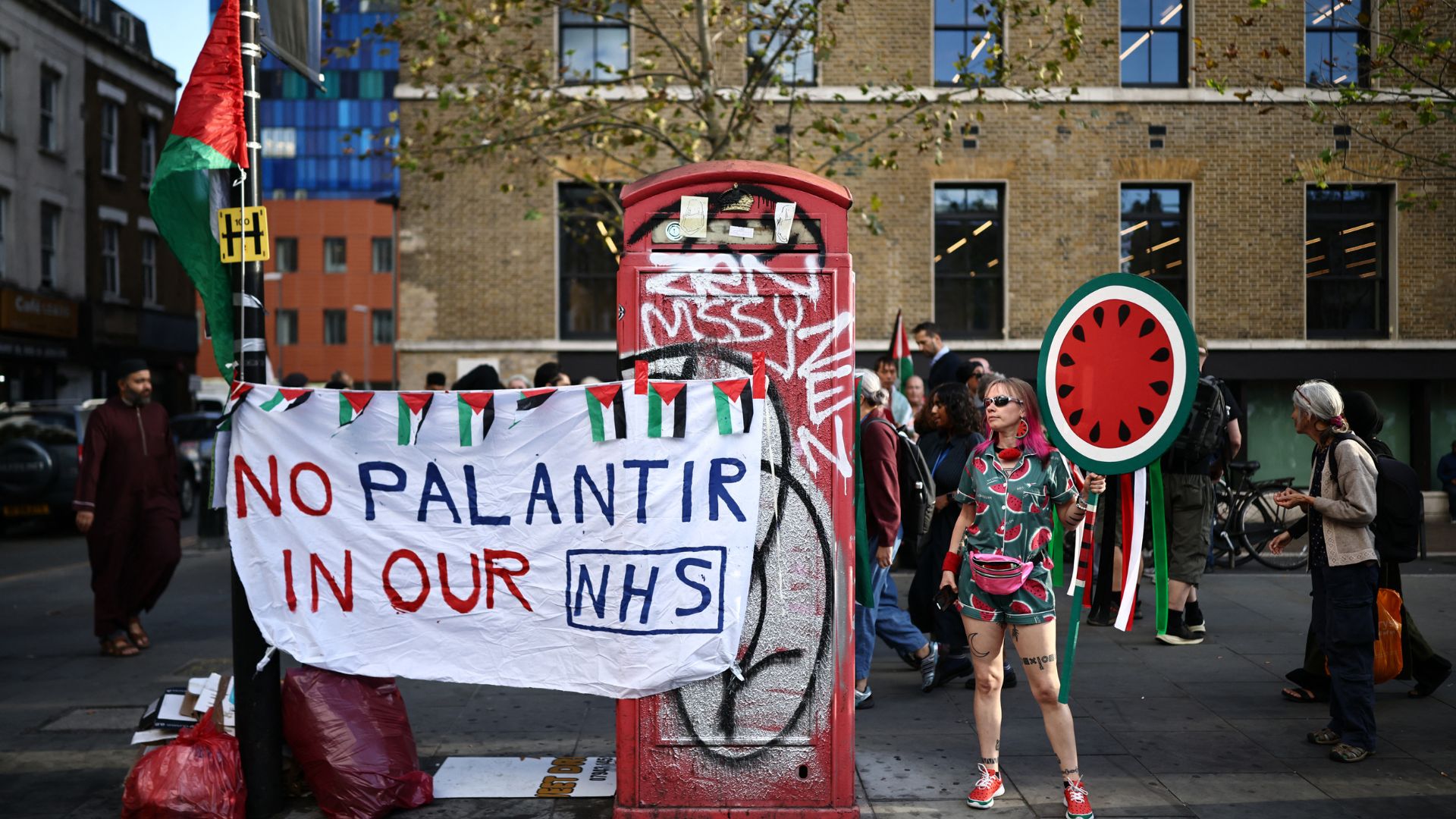A protest against Palantir in Whitechapel, central London on October 1. /Henry Nicholls/AFP

