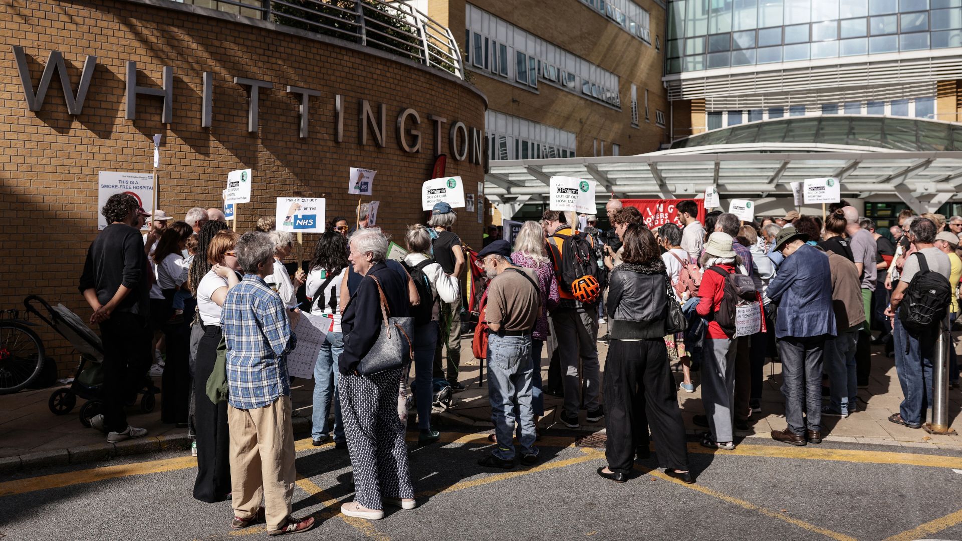 A protest against Palantir outside Whittington Hospital in north London on October 1. /Brook Mitchell/AFP
