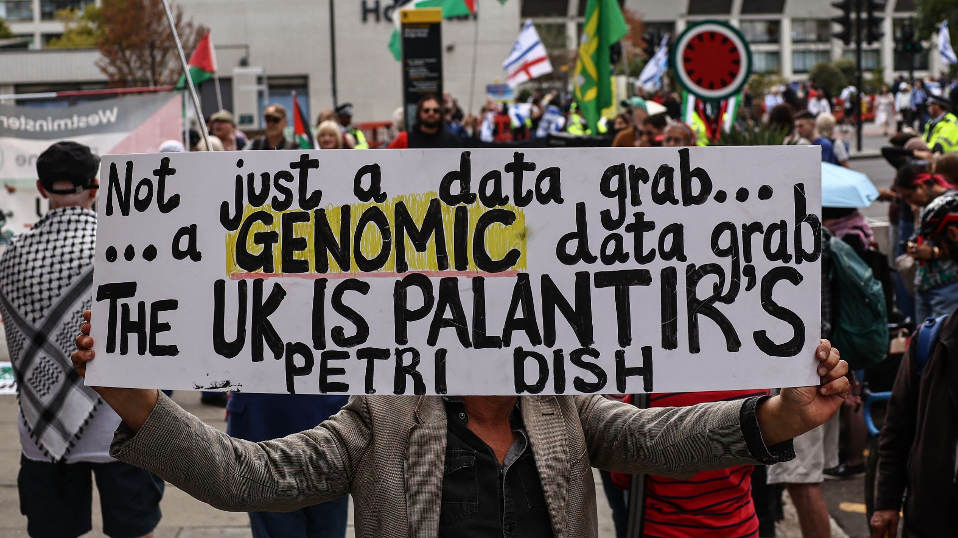 A protest against Palantir outside St. Thomas' Hospital in central London on October 1. /Henry Nicholls/AFP
