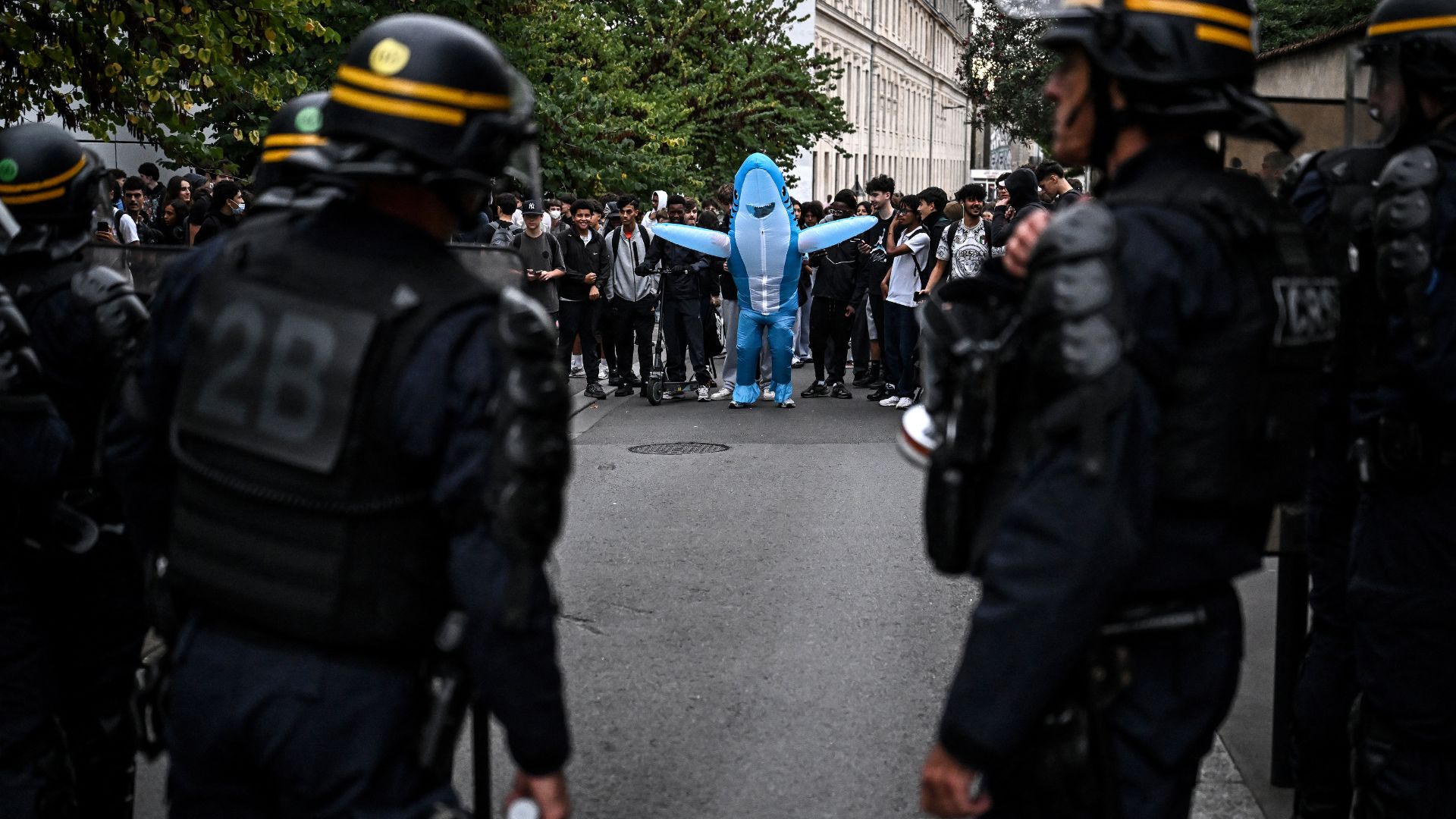 A protester dressed as a shark gestures in front of riot policemen during clashes outside the Gustave Eiffel high school in Bordeaux on October 5. /Christophe Archambault/AFP
