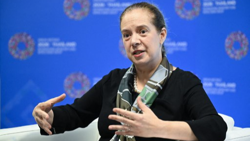 International Monetary Fund (IMF) deputy director of research Petya Koeva Brooks speaks during a media interview at the 2026 Annual Meetings of the IMF and the WBG in Bangkok on October 12, 2026.
