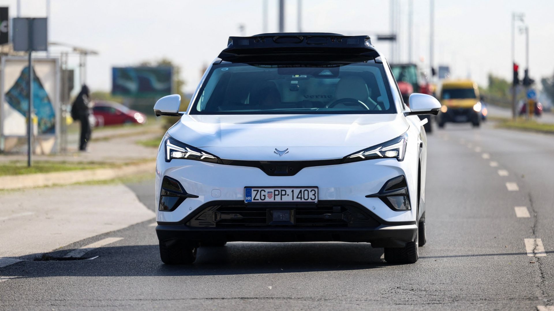 A Verne driverless robotaxi as it drives down a road in Zagreb. /Marko Perkov/AFP