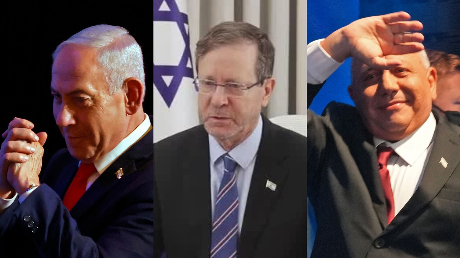 President Herzog (C) must choose whether PM Netanyahu (L) and main rival Eisenkot (R) has the best chance of forming a government. /Reuters/AFP