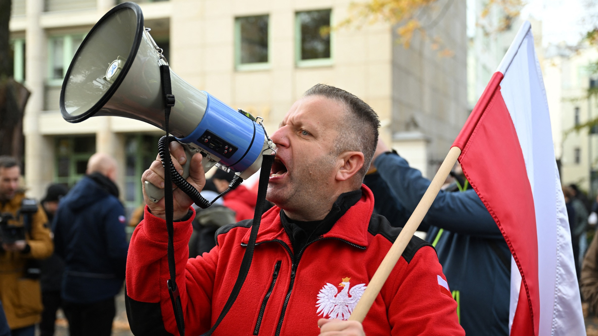 A protester shouts slogans outside the headquarters of Poland's Constitutional Court. Sergei GAPON / AFP. 31 October 2026
