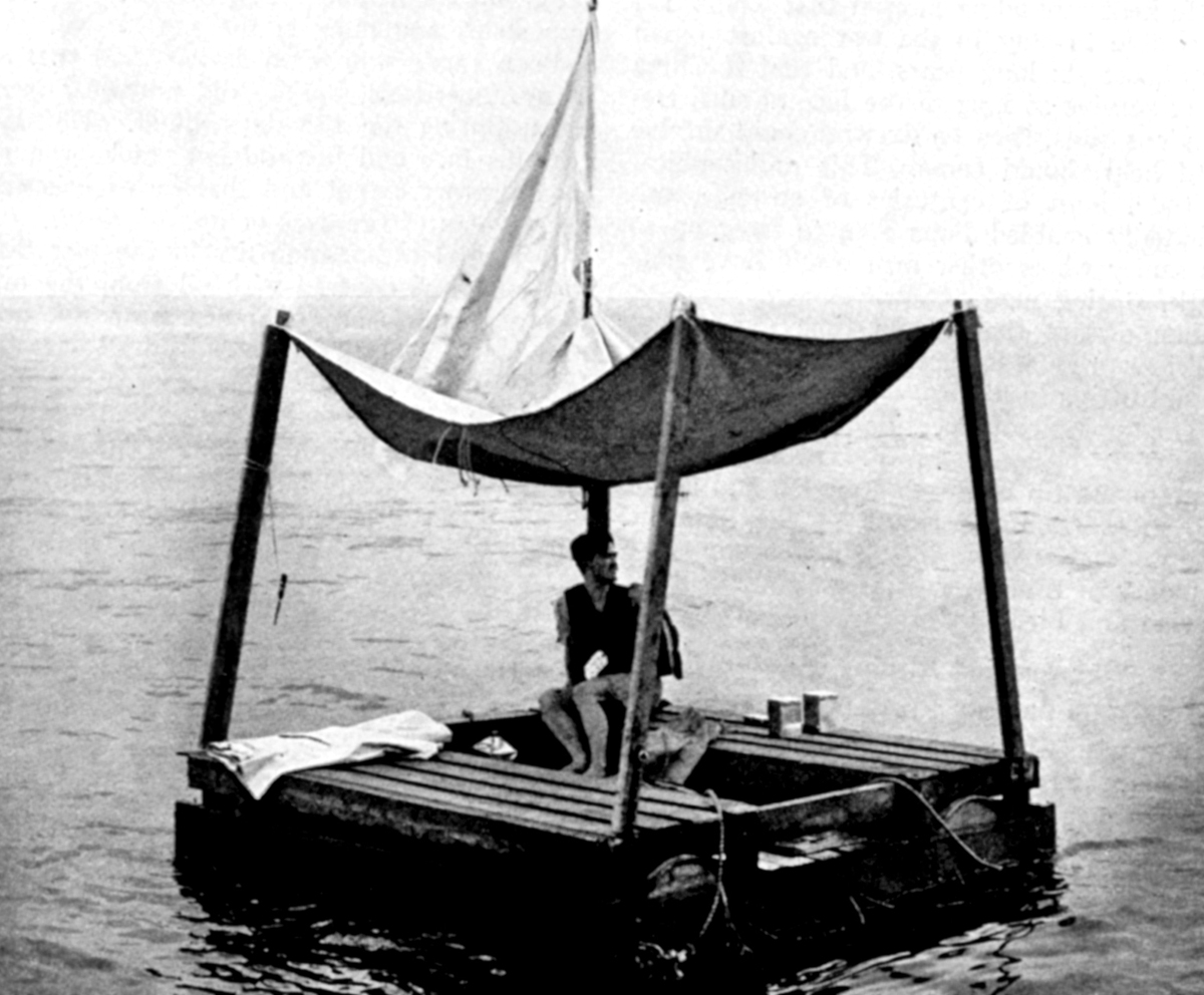 Poon Lim on his raft in a reconstruction staged by the US Navy for its survival training. /Author unknown/Wikimedia